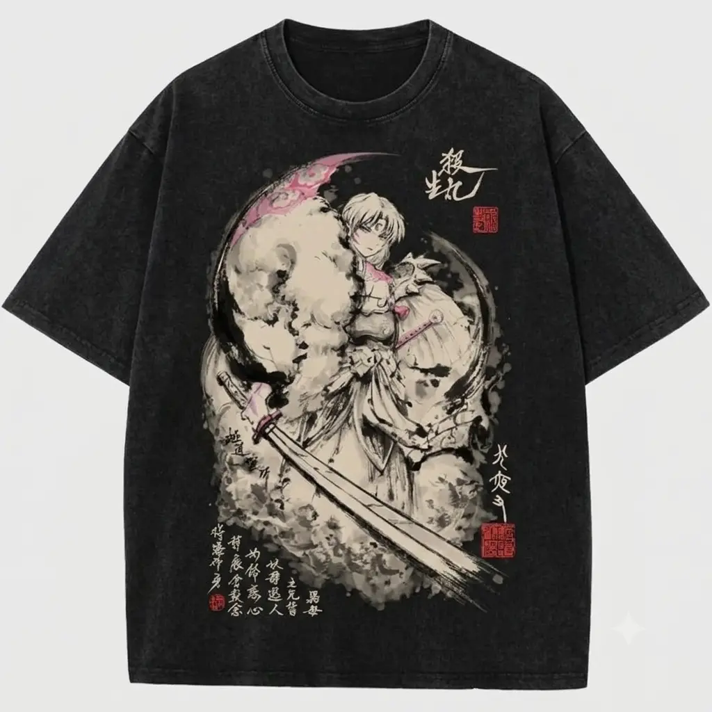Oversized Vintage Wash Cotton T-Shirt, Loose-Fitting Japanese Ink Style Anime Graphic Top for Men and Women - Holiday Fashion, All Seasons, Unisex, Washed, Anime Style, Streetwear, Baggy