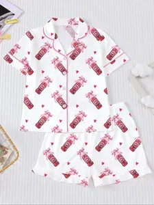 Children Dr Pepper Drink Bottle Bow Heart Print Short Sleeve Shorts Home Wear Set, Pepper Printed Pajamas, Casual Cartoon Sleepwear, All Seasons New Arrival