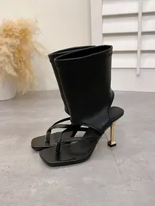 Women's Summer Square Toe Open-Toe Sandals Elegant Fashionable Sandals Elastic Slip-On High Heel Metal Thin Heel Mid-Calf Boots, Elegant Party Shoes, Comfortable and Stylish
