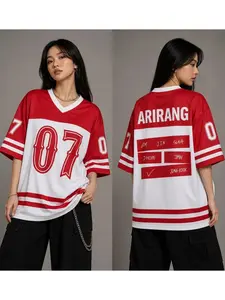 Arirang 07 Purple & White Oversized Jersey, V-Neck Tee with Member Names Print, Breathable Fabric for ARMY Fans, KPop Lovers, Concert Goers & Streetwear Enthusiasts