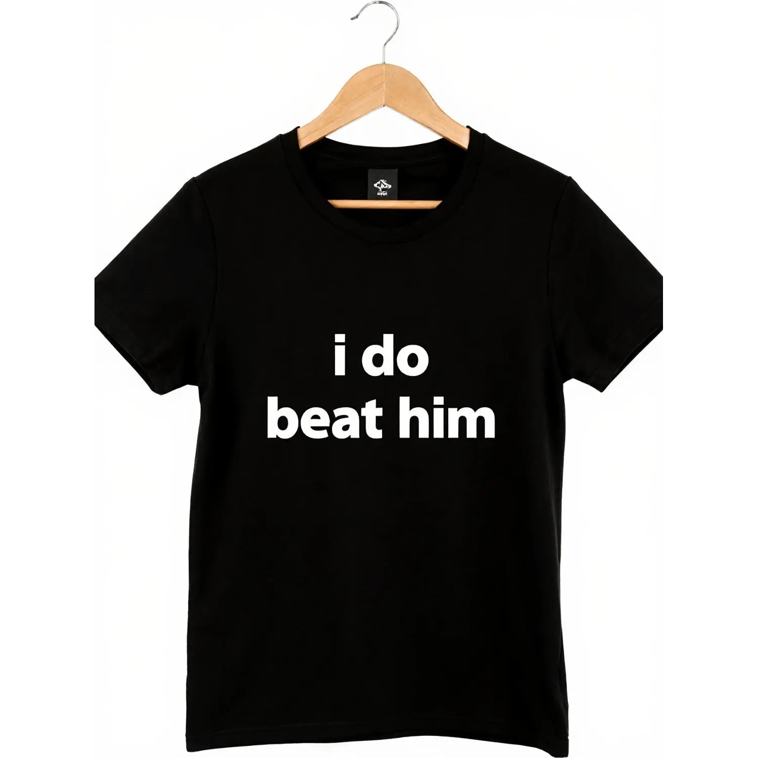 Unisex Black Cotton T-shirt Featuring "I Beat Him" Quote in White Letters Chest Print Solid Color Smooth Fabric Casual Summer Funny Graphic Unique Design All Seasons