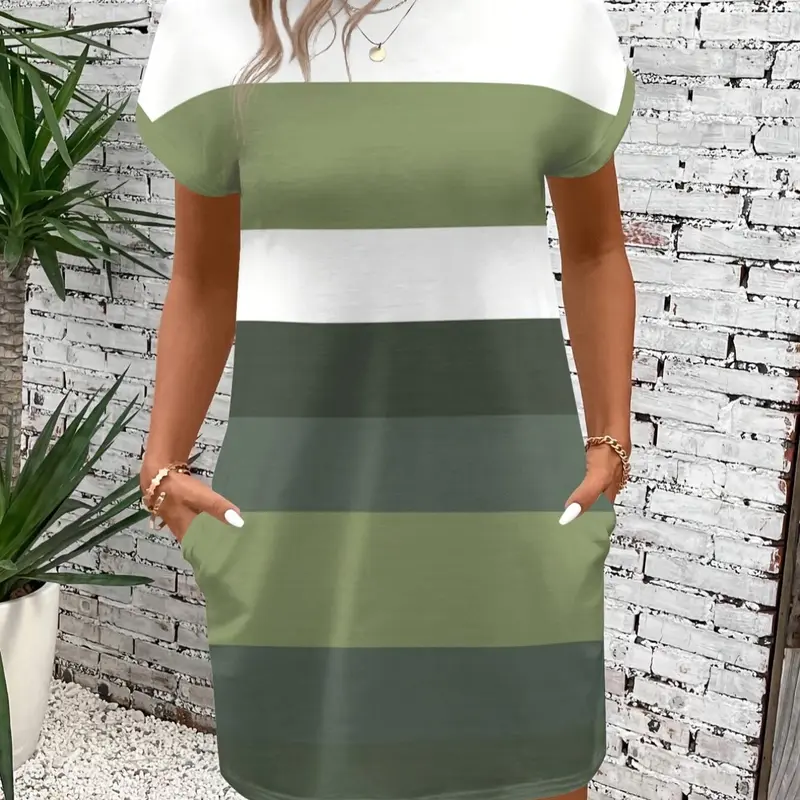【Plus Size】 Colorblock Striped Print Round Neck Dress Sundress, Casual Short Sleeve Crew Neck Dress for Summer, Women's Plus Clothing for Everyday Wear
