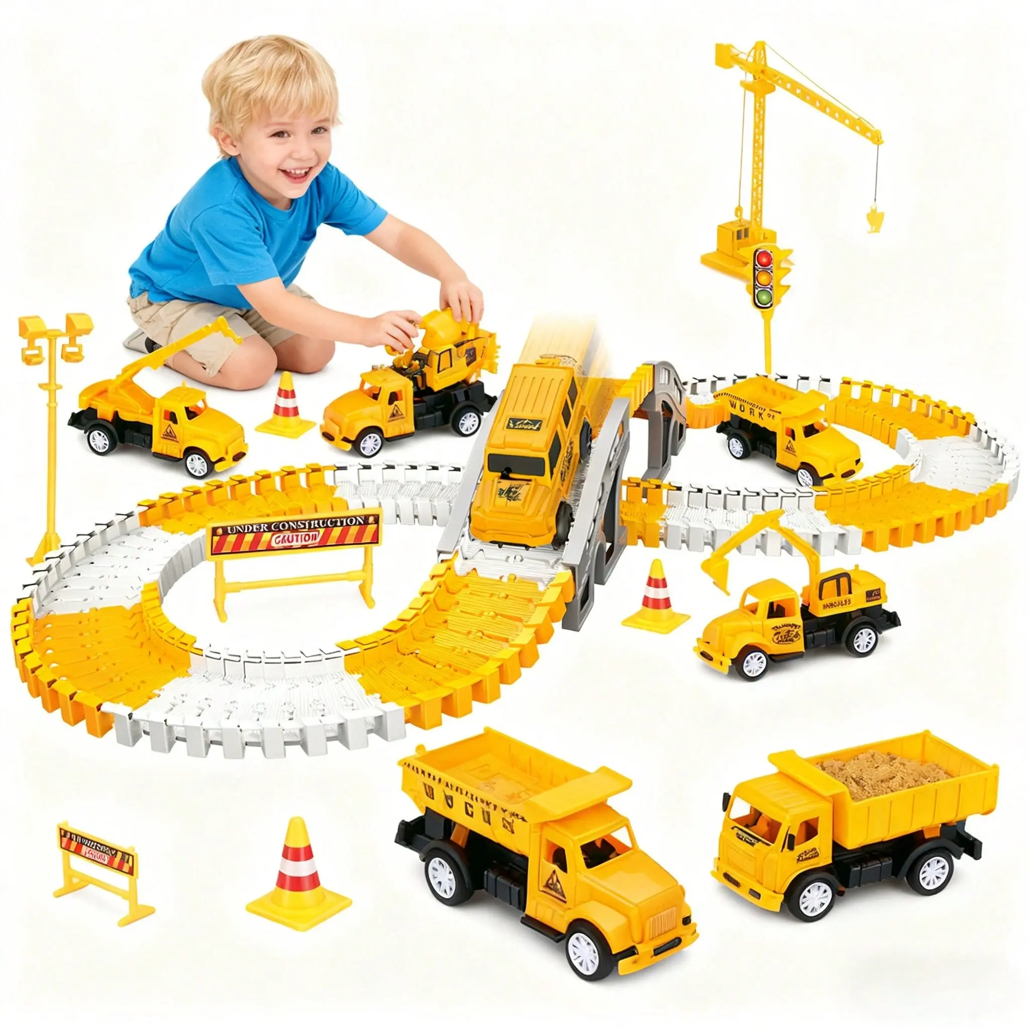 Building Race Track Durable Toy Set for Boys Aged 3-12, Fun Gift with 135 Pieces DIY Road Adventure Kit, Flexible Engineering Playset