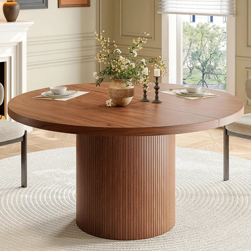 【Black Friday】ONBRILL 47 Inch Round Dining Table for 4, Circle Kitchen Table with Wood Strip Base, Modern Farmhouse Dinner Tables for Kitchen, Living Room