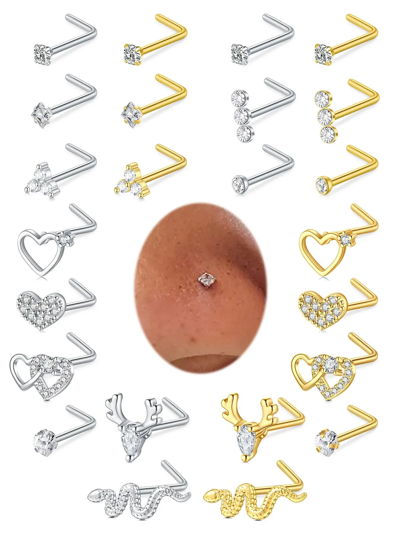 Heart & Snake Design Nose Studs, L Shaped Nose Ring, Spiral Nose Ring, Stainless Steel Nose Piercing Studs, Nostril Piercing Jewelry, Fashion Body Jewelry, Nose Rings Studs for Women & Men