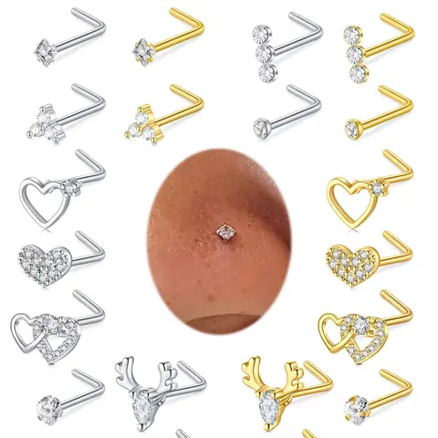 Heart & Snake Design Nose Studs, L Shaped Nose Ring, Spiral Nose Ring, Stainless Steel Nose Piercing Studs, Nostril Piercing Jewelry, Fashion Body Jewelry, Nose Rings Studs for Women & Men