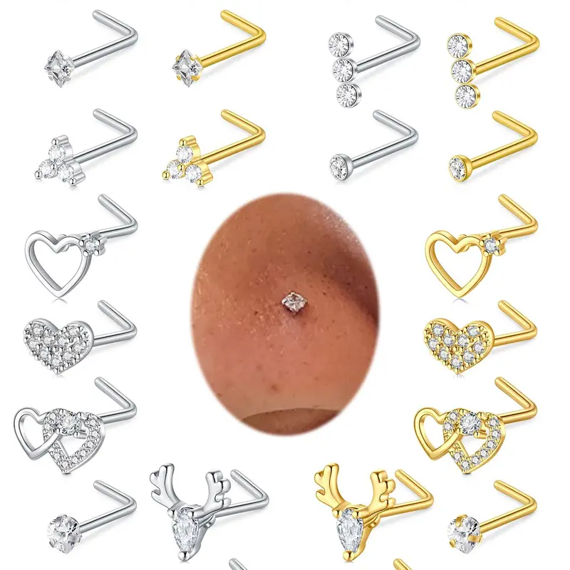 Heart & Snake Design Nose Studs, L Shaped Nose Ring, Spiral Nose Ring, Stainless Steel Nose Piercing Studs, Nostril Piercing Jewelry, Fashion Body Jewelry, Nose Rings Studs for Women & Men