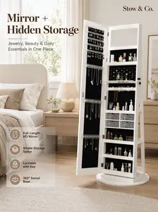 360Swivel Jewelry Cabinet Armoire with Full Length Mirror,Lockable Standing Vanity Organizer w/Lighted Interior, 30Hooks for Necklace Ring Earring. Space Saving ChifferobeBedroom Furniture (White/Black/Light Walnut)