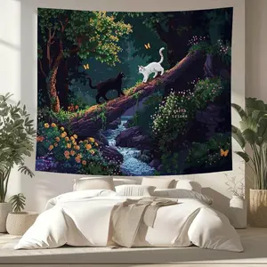 Cat & Forest Pattern Tapestry, 1 Count Aesthetic Wall Hanging Decor, Wall Hanging Decor for Home Living Room Bedroom Office, Flowers, Tree