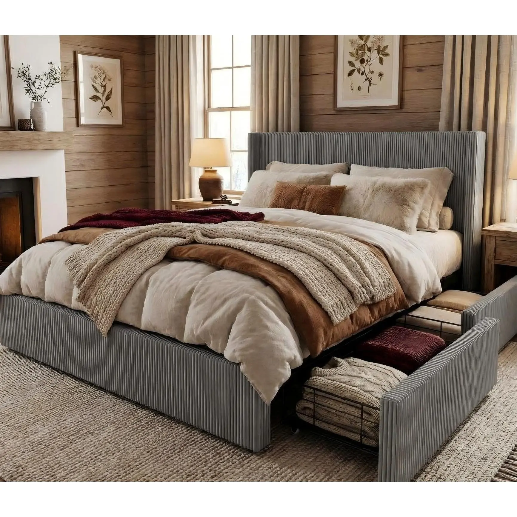 King Size Classic Walnut Wood Corduroy Winged Back Tufted Upholstered Storage Bed Frame with Footboard, EVA Foam, Drawers, Silent Design, Quick Setup, No Box Spring Needed, Assembly Required