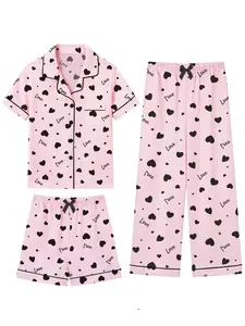 3pcs Clothing Girly Clothes 100% Cotton Girls Button Down Pajama Set 3pcs Soft Short Sleeve Long Pants with Shorts Sleepwear, casual home wear 5-14 Years