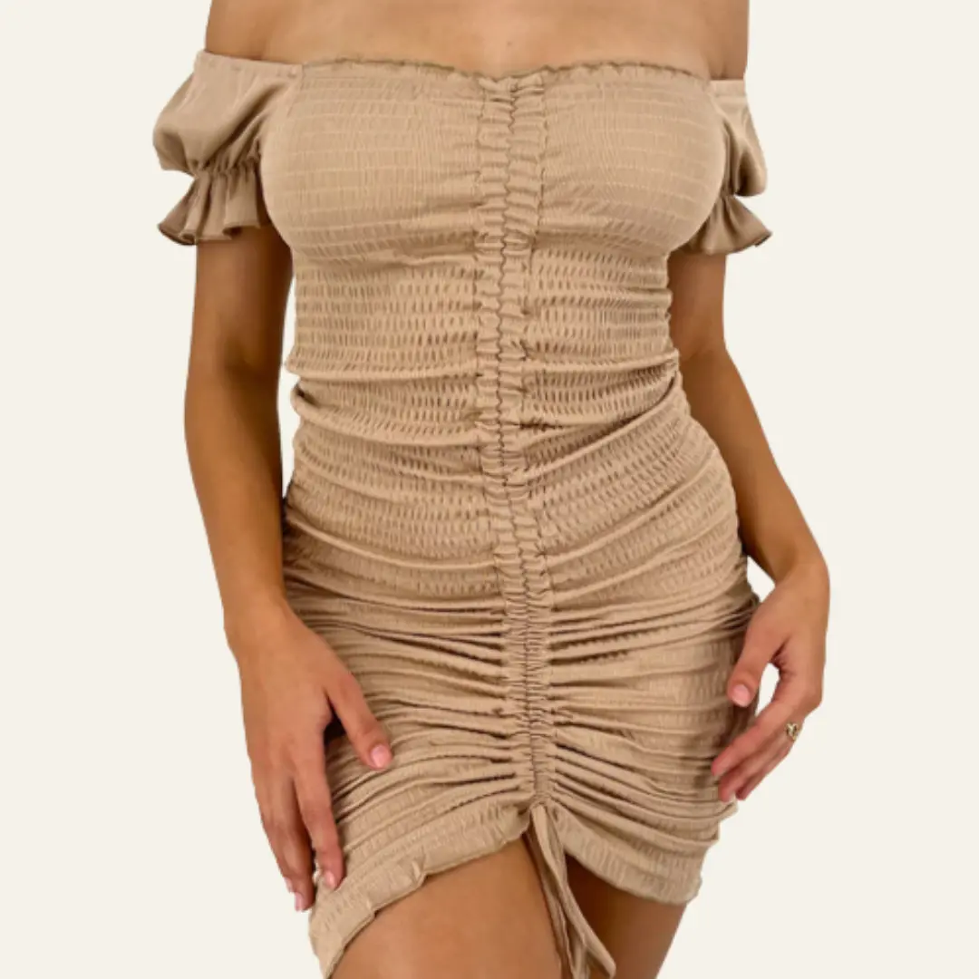 Bonnie Ruched off the Shoulder Dress | khaki | Tan
