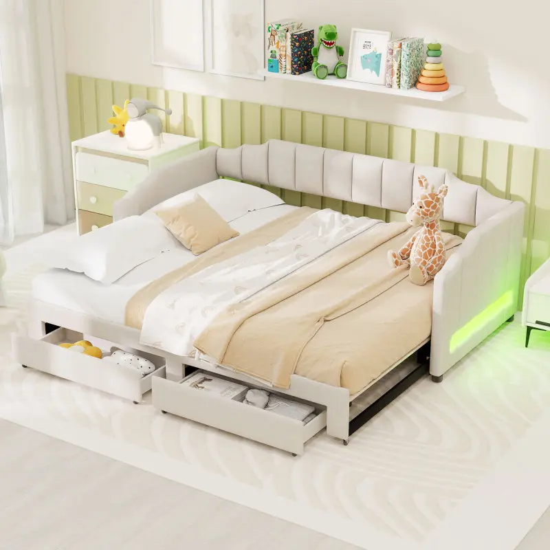 Twin XL Size Daybed Extendable Upholstered Daybed with Two Storage Drawers and LED Light,Twin XL to King Daybed, No Box Spring Needed