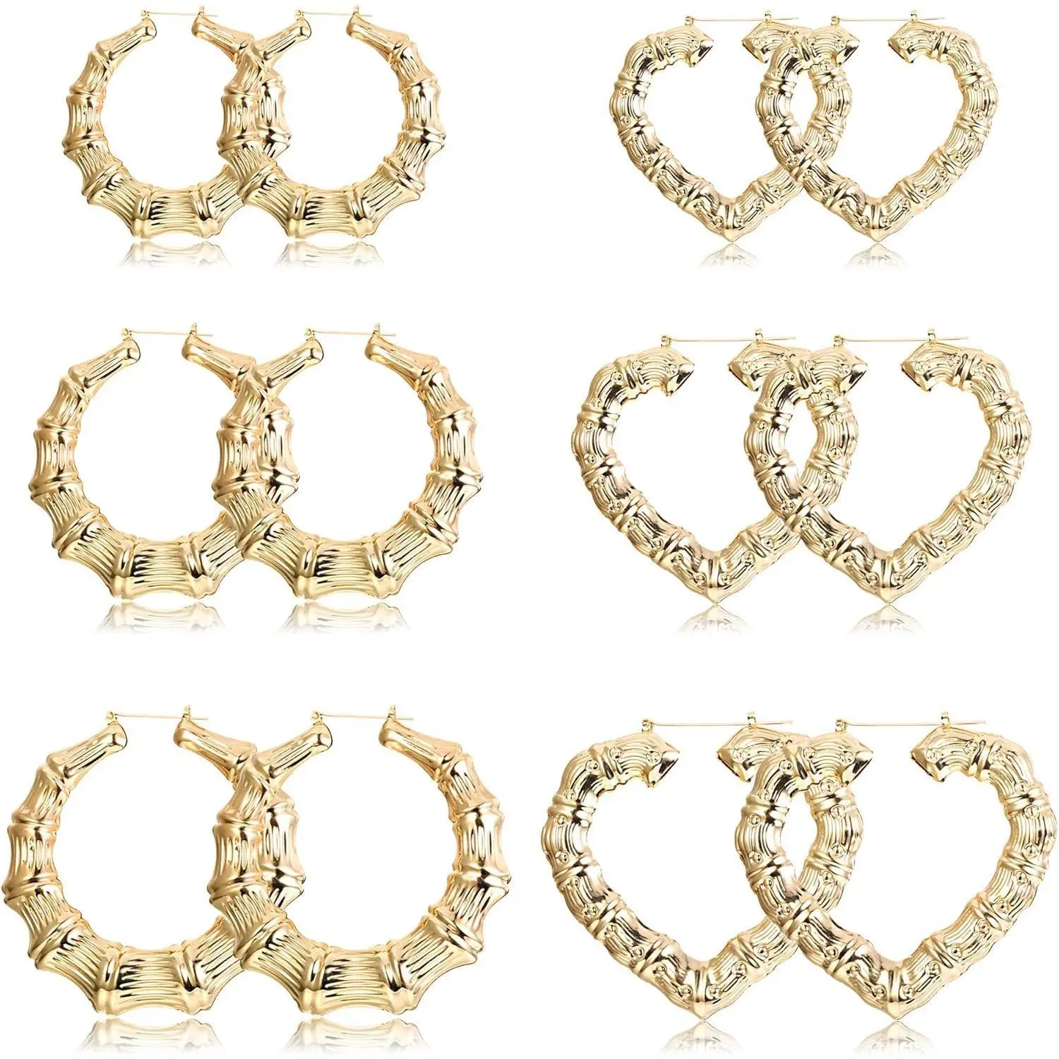 Fansilver 6-10 Pairs Bamboo Earrings Set Hollow Casting Hip-Hop Large Bamboo Earring For Women Oversize Hoop Earrings Set Fashion Jewelry Summervibes