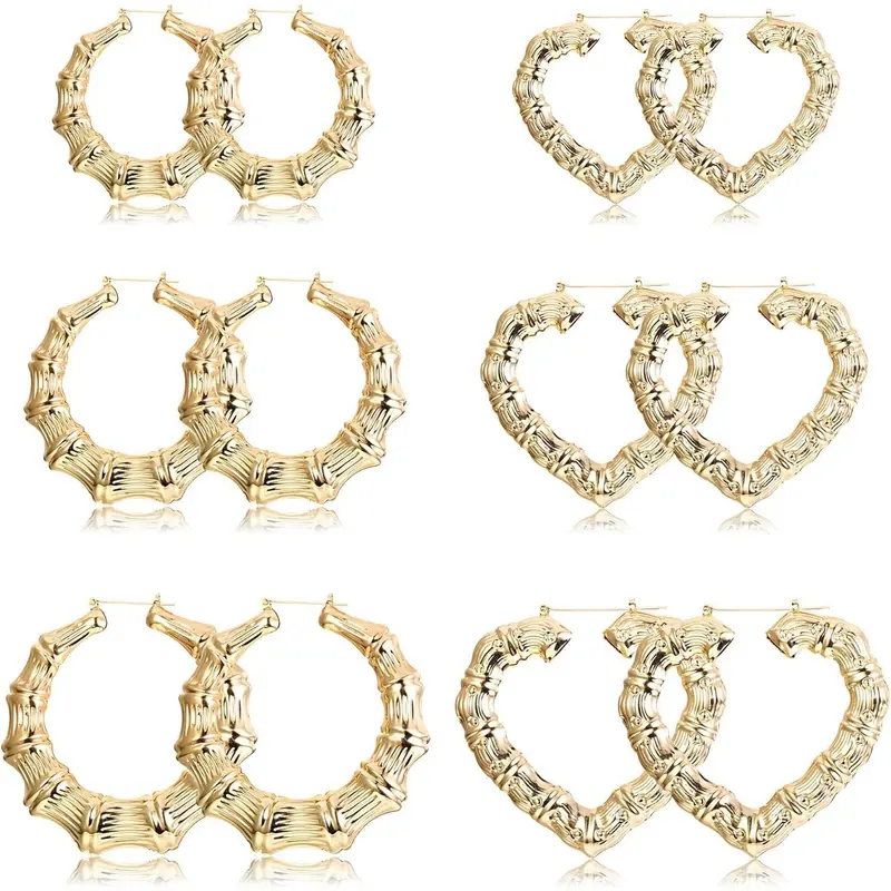 Fansilver Women's 6-10 Pairs Bamboo Earring Stacking Set, Hollow Casting Oversize Round Hoops, Hip-Hop Fashionable Costume Jewelry, Summervibes Accessory, Fashionable Earrings sohochic