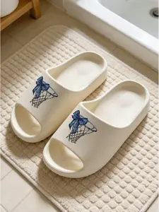Women's Blue Bow Basketball Print Eva Slippers, Non-Slip Bathroom Shoes, Casual Indoor Outdoor Wear, Sweet Cool Style, Comfortable Footwear