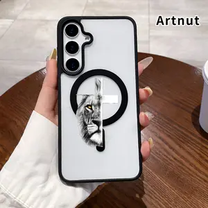 Magnetic Phone Case Compatible with Samsung Galaxy S23 Ultra S24 Plus S25 S22+ FE Lion and Cross Clear Acrylic Hard Back Soft TPU Edge wireless charging compatible phone Cover for boy girl