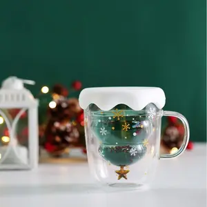 Christmas Themed Glass Cup, 1 Count Christmas Tree Design Double Layer Glass Cup, Creative Coffee Cup, Drinking Cup for Home Office Use, Party Decoration Supplies