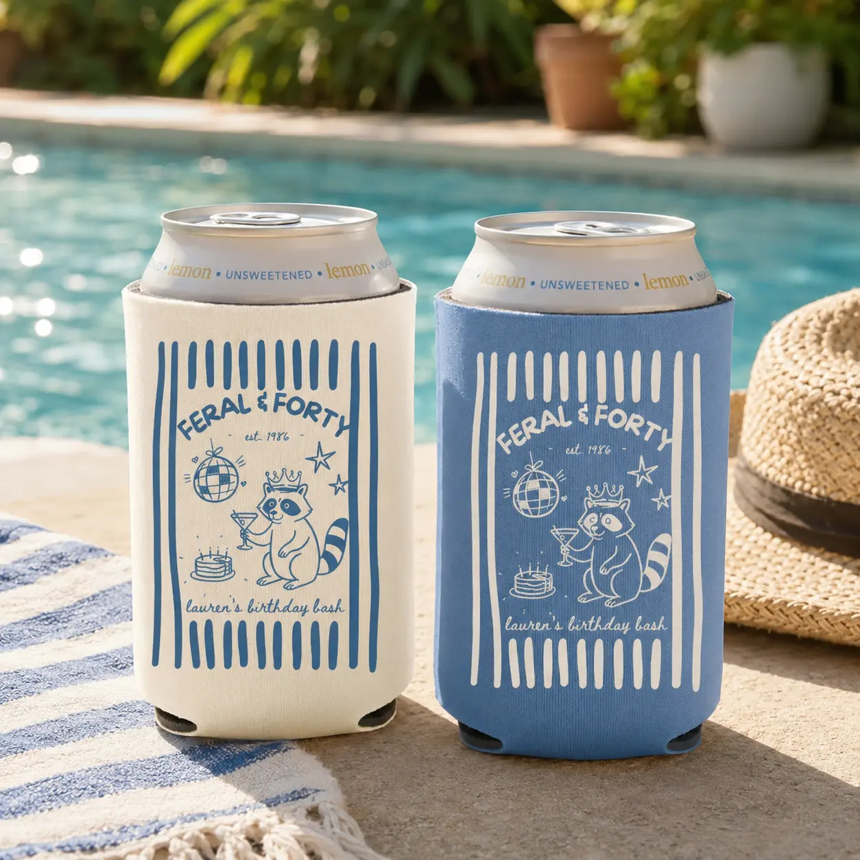 Custom Feral and Forty Can Coolers Funny 40th Birthday Party Favors for Women & Men Humorous Retro Neoprene Drink Sleeves in Pink Cream Blue Trash Panda Raccoon Disco Ball Beer Fortieth Gag Gift Est 1986