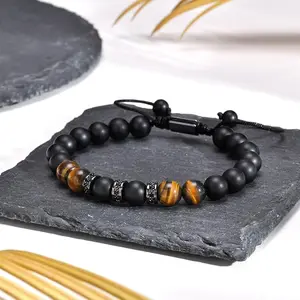 Natural Black Onyx + Tiger Eye Bracelet - 7.5" -11.8" Handmade Adjustable Bracelet for Men - Healing Crystal Jewelry for Lucky & Wealth Solstice Gemstone