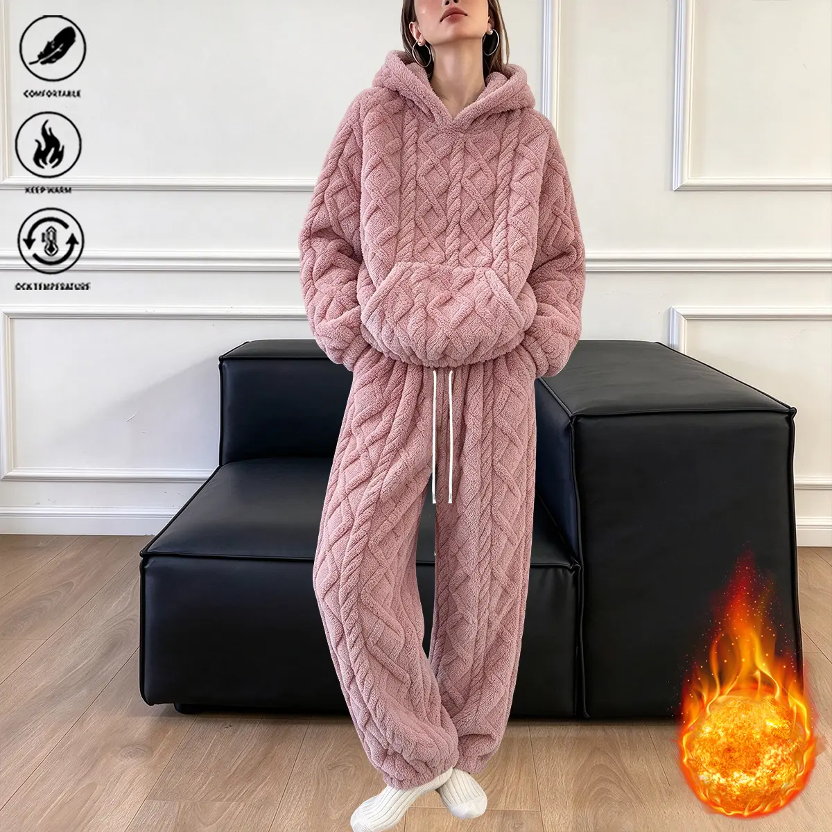 Women’s casual hooded sweatshirt set for autumn/winter, high-quality trendy street style, double-sided fleece jacquard fabric, elastic drawstring waistband, loose and comfortable hooded top and straight-leg casual pants, two-piece set for everyday wear, o