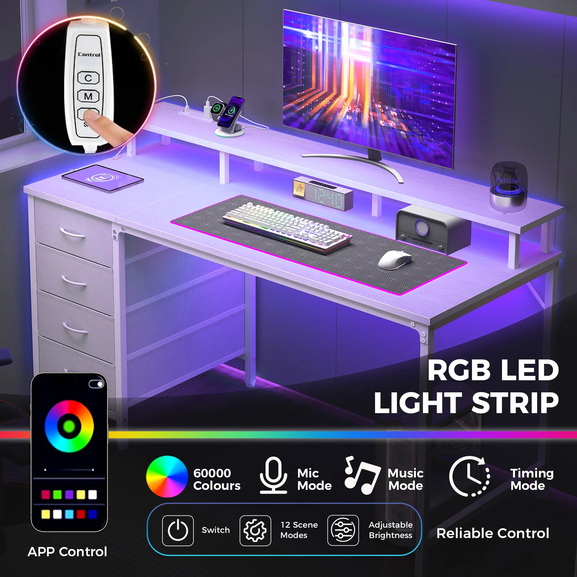 Ergonomic Office Desk - 40In-47In RGB Gaming Desk with 4 Storage Drawers, Wood Home Office Table, Power Outlets, LED Lights for Workspace Upgrade