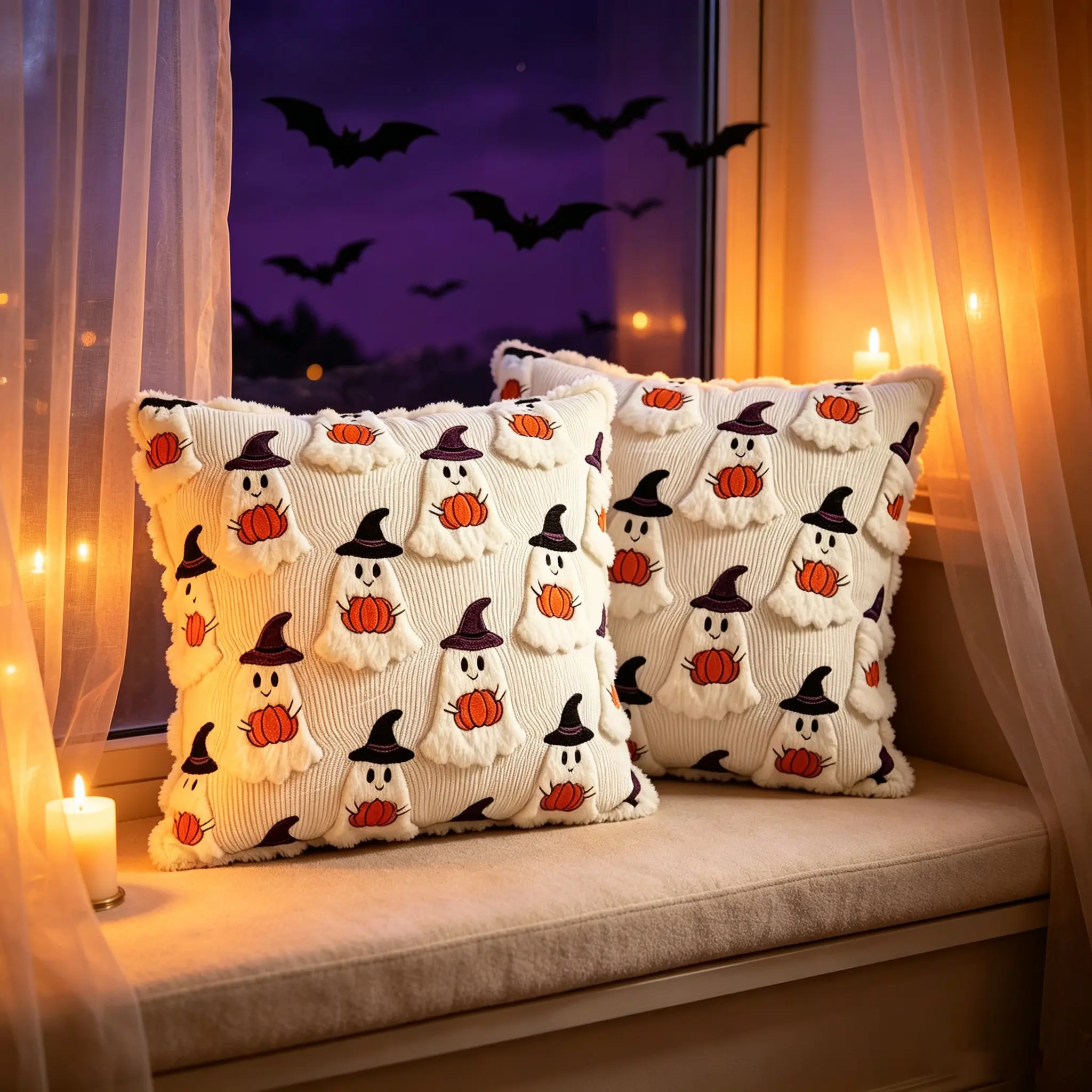 Halloween Throw Pillow Covers (18x18 in), Fleece Embroidered Soft Faux Wool Pillowcases, Modern Farmhouse Style Halloween Aesthetic Aesthetic Home Decor for Patio Sofa Couch