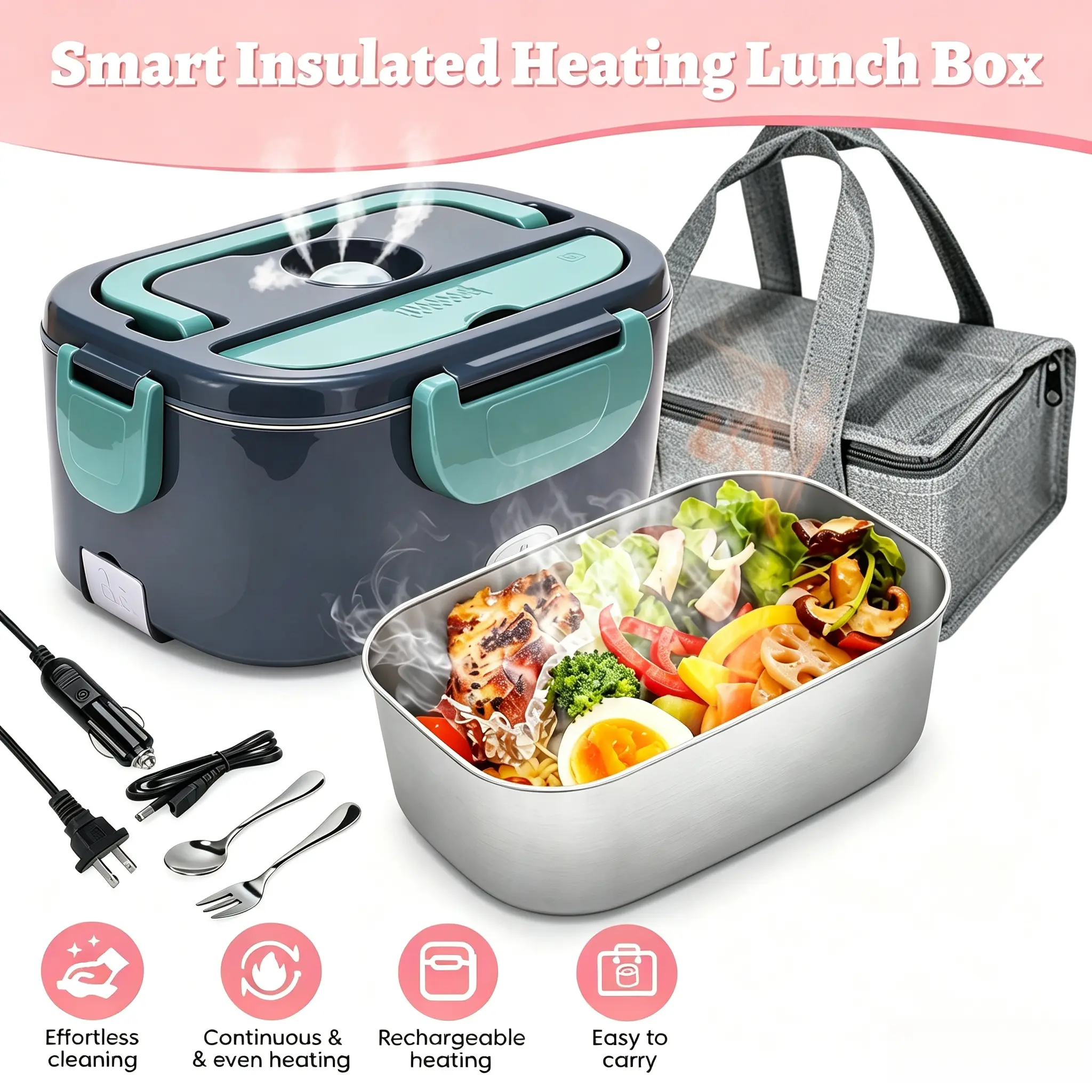 Fast-Heated 304 Stainless Steel Electric Lunch Box, Food Warmer with Cutlery & Insulated Carry Bag, Dual-Use for Home, Office, Travel