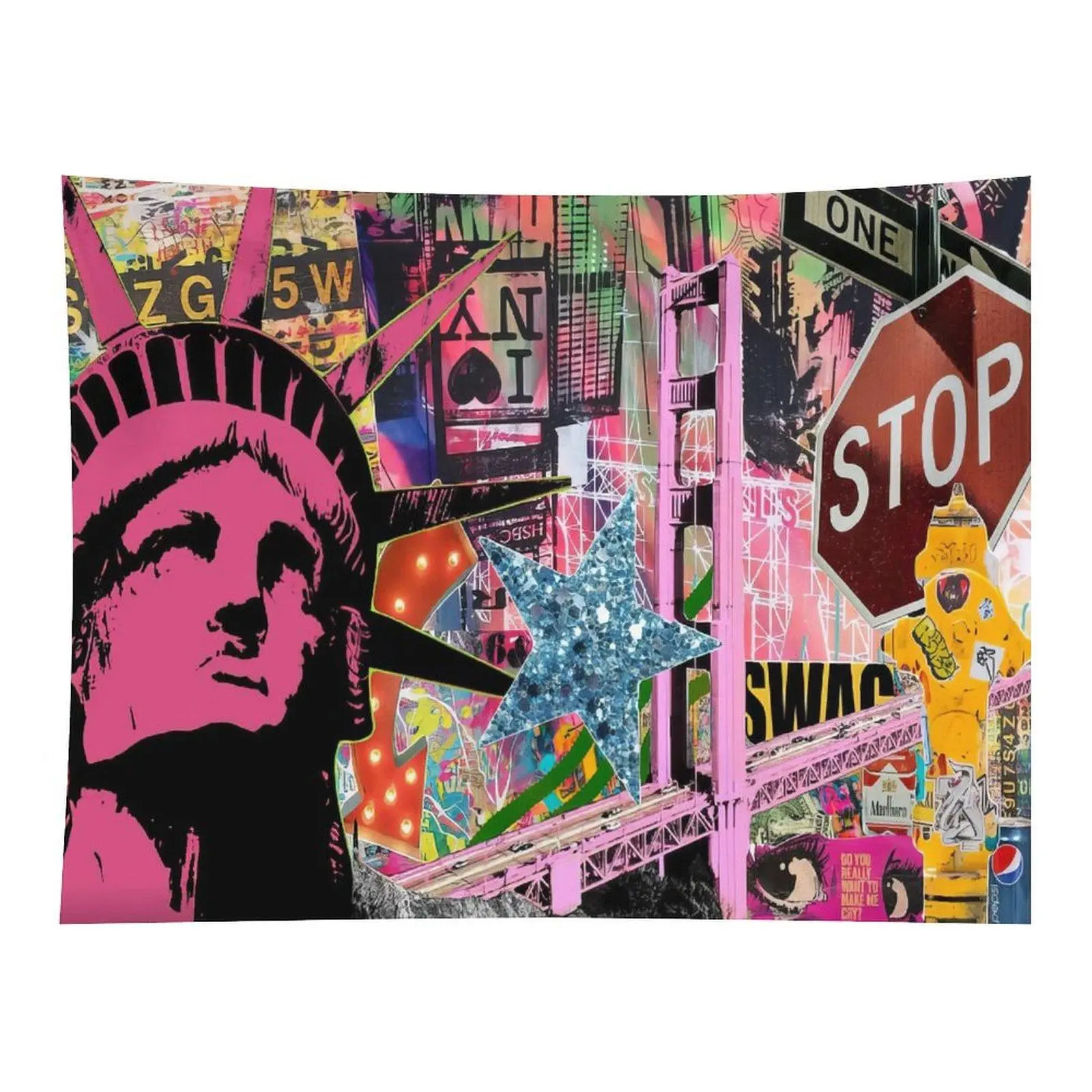 Pop Art New York City Graffiti Liberty Statue Street Sign Collage Wall Tapestry Wall Hanging - Colorful Urban Hip Hop Decor, Decoration for Teen Bedroom, Room Decorations for Dorm Party Backdrop