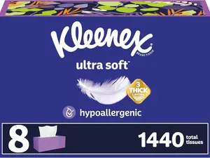 Kleenex Ultra Soft Facial Tissues, 8 Flat Boxes, 180 Tissues per Box, 3-Ply, Hypoallergenic, FSC-Certified - Napkin