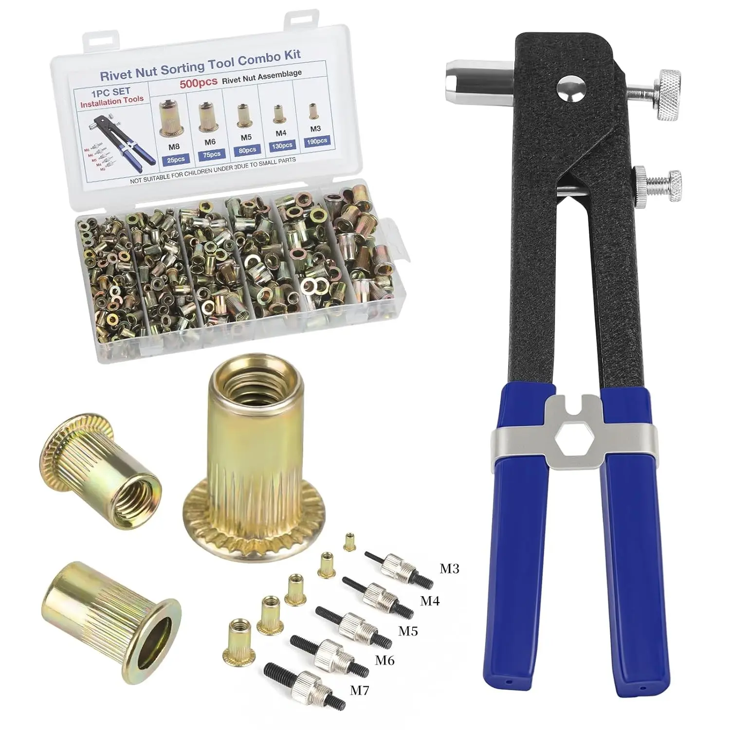 Rivet nut Tool kit,rivnut Tool,500Pcs Metric Rivet Nut Combination (M3/M4/M5/M6/M8) Nutsert Tool kit，Suitable for Automotive, Marine, Decoration, Furniture, Industry, Rivet nut Set