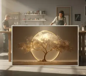 Golden Fantasy Tree Canvas, Illuminated Nature Wall Art, Mystical Tree of Life Design, Elegant Home Decoration