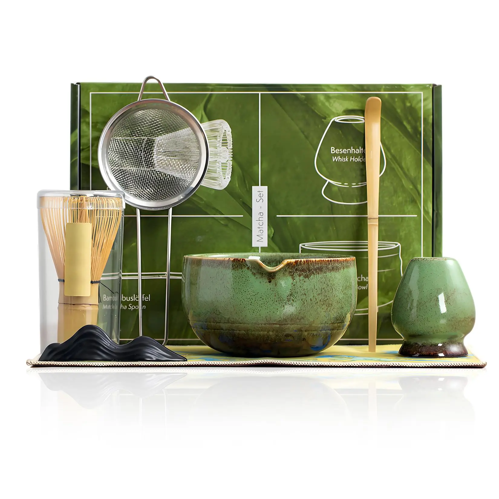 Garvee Premium Matcha Whisk Set with Ceramic Bowl - Complete 7-Piece Matcha Kit Featuring Handcrafted Bamboo Chasen, Stainless Steel Sifter, Scoop & Holder - Ideal for Beginners and Enthusiasts