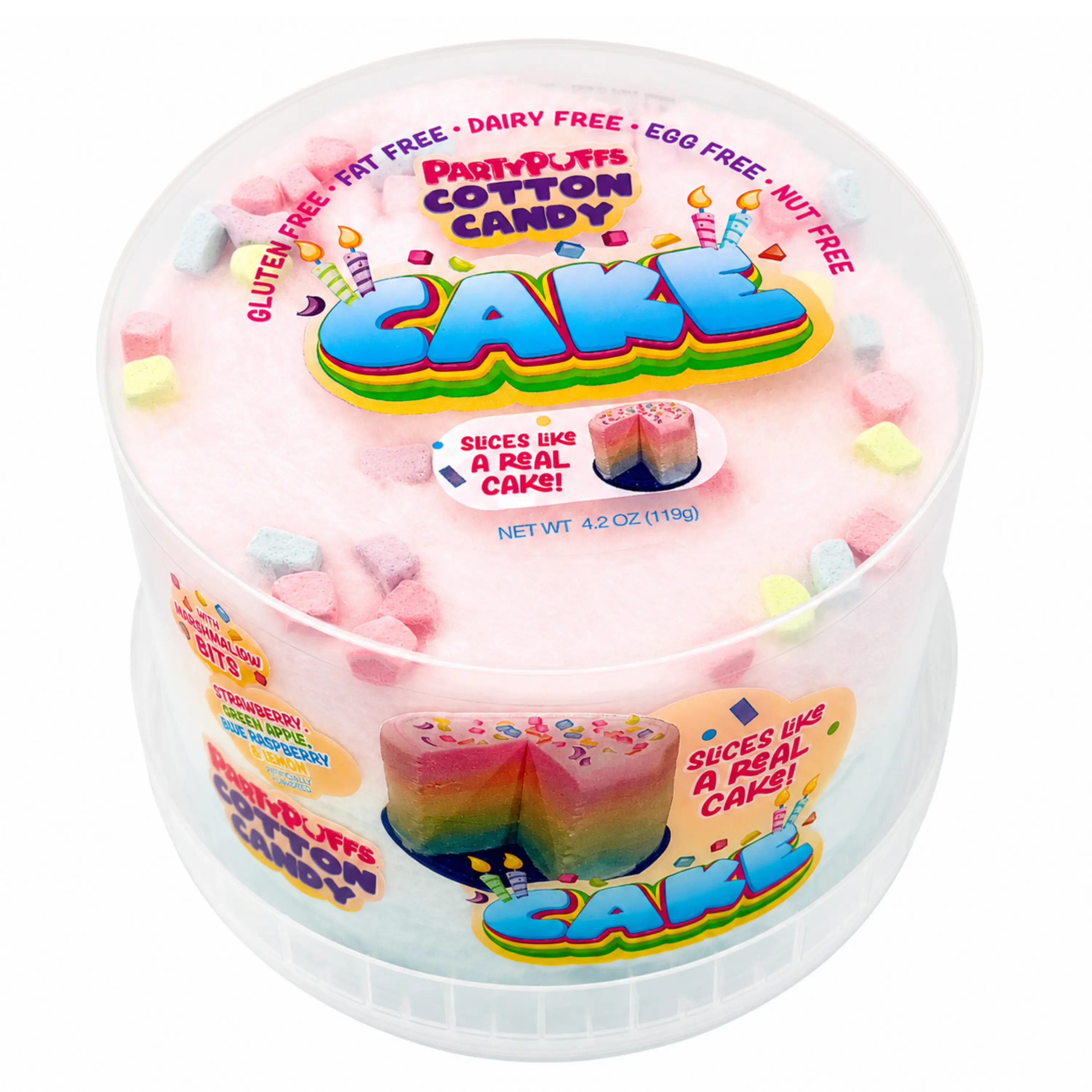 PartyPuffs Cotton Candy Cake - Strawberry, Green Apple, Blue Raspberry and Lemon Flavors  - 4.2oz