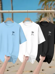 Men's Coconut Tree Print Tropical Short Sleeve Casual T-Shirt Set, Summer Fashion Outdoor Travel Top, 3 Piece Pack, Fitted Style