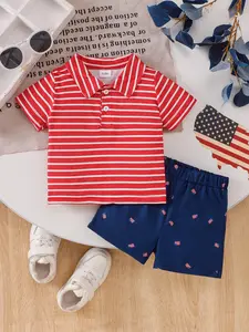 Boys Toddler Striped Collar Short Sleeve Casual Set, Toddler Outfit, Breathable Skin-Friendly Fabric, Button Design, Elastic Waist Shorts, 6 Months to 3 Years