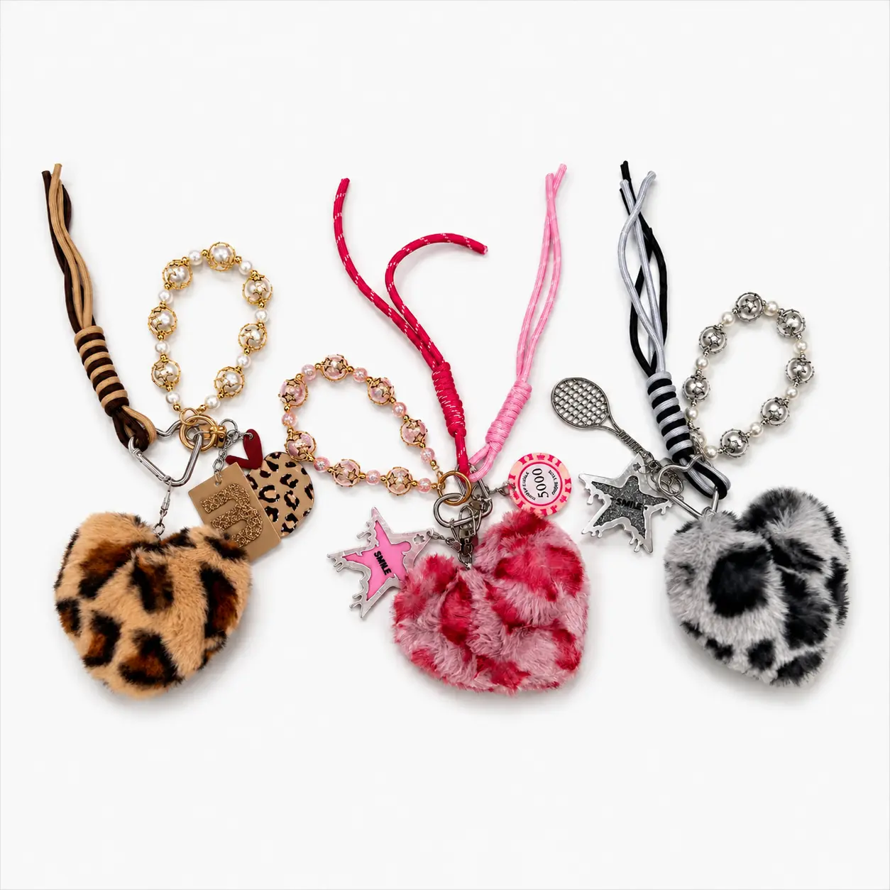Women's Cute Leopard Print Heart Form Multi-Charm Keychain Set - 5-in-1 Removable Faux Fur Mix Keychain with Pearl Bracelet, Tassel Wrist Strap, Bag Charm for Everyday Wear Purse & Backpack Accessories