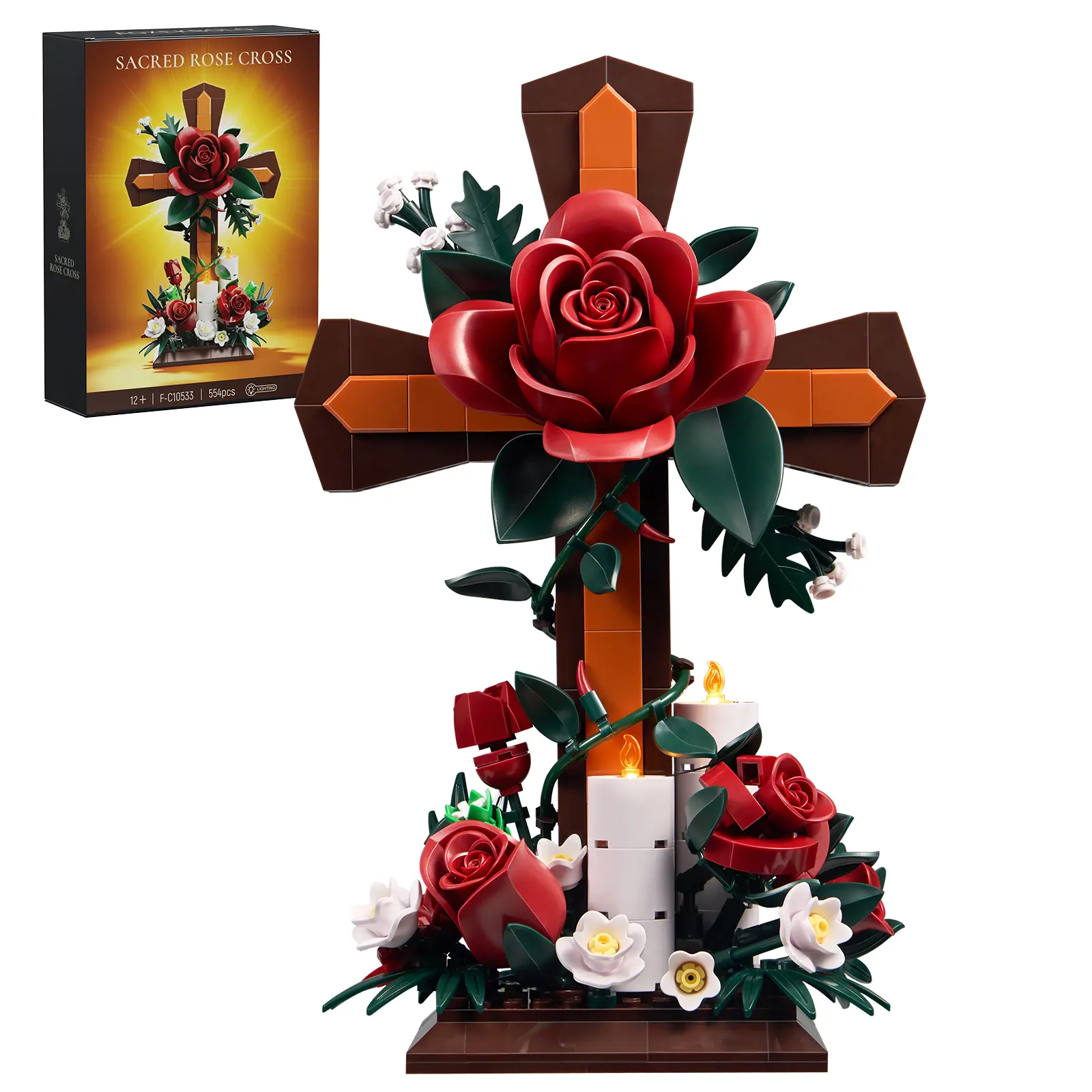 Thorn Cross Floral Display Building Set, Faith-Inspired Flower Block Kit Symbolizing Hope, Grace & Redemption, Memorial Decor & Gift for Christian Believers