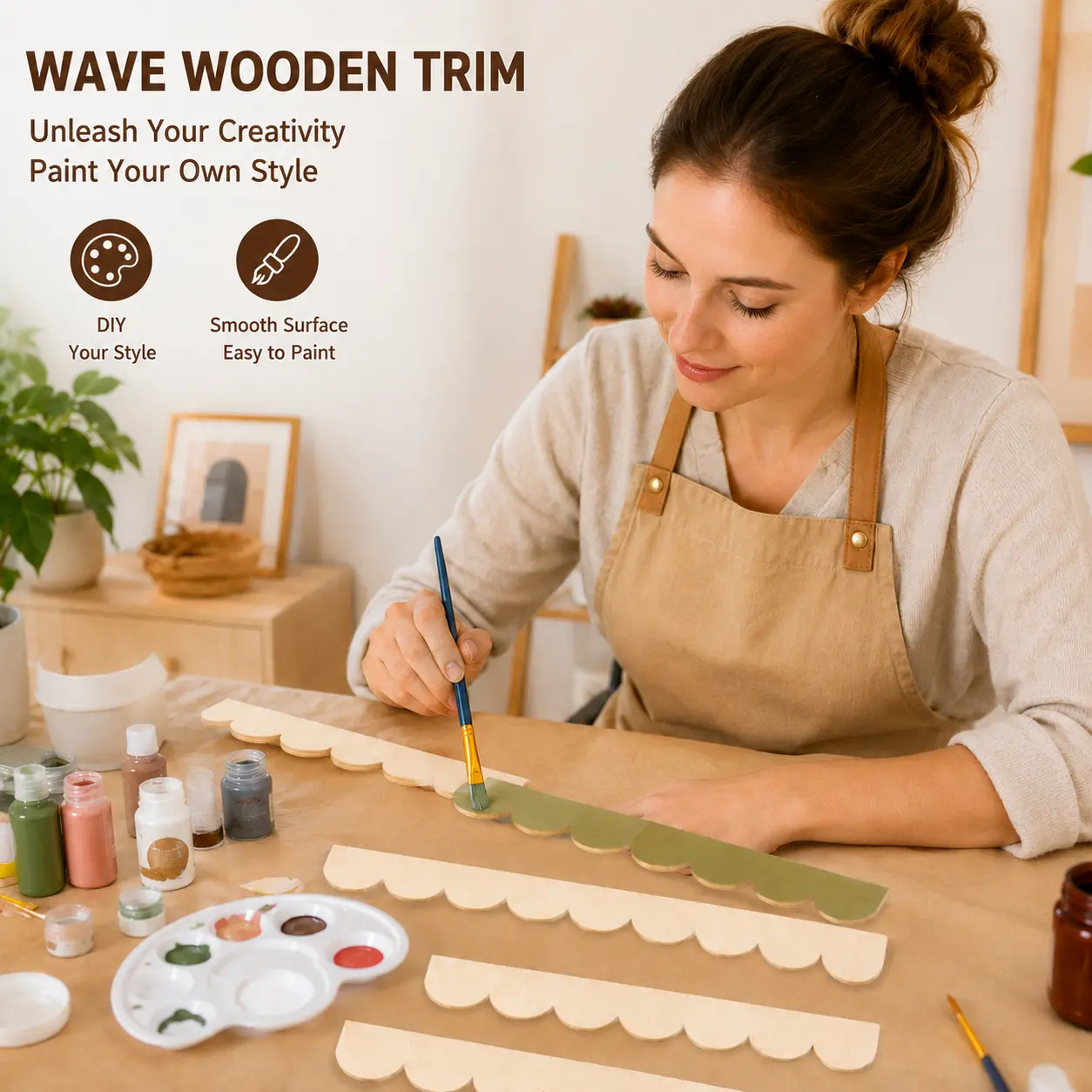 12PCS Wooden Wave Trim Border, Scalloped Decorative Edge Strips for Wall, Shelf & Door Frame Decor, Paintable Home Decoration