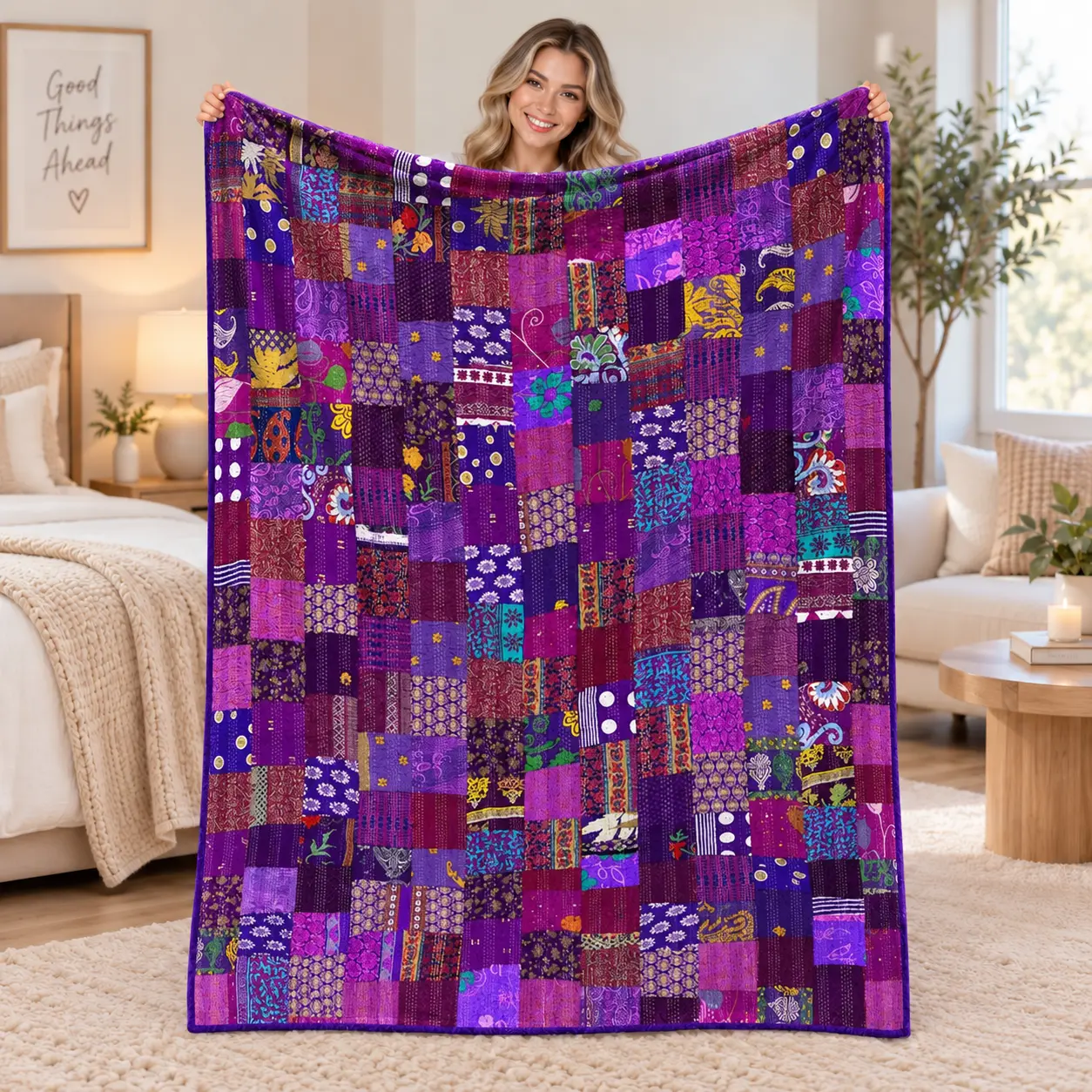 Vintage Patchwork Flannel Throw Blanket, Neutral Multicolor Quilt Style Square Print, Cozy Farmhouse Decor for Couch, Sofa, Bed and Bedroom