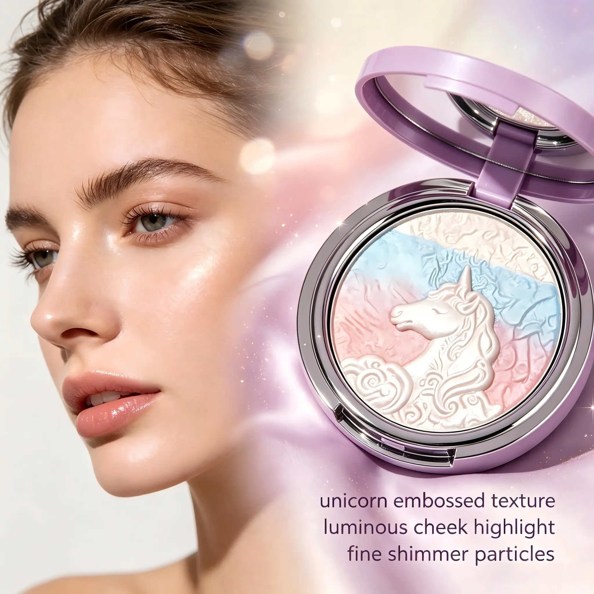 HERORANGE Women's Galactic Step-in Gold Unicorn Embossed Highlighter Powder, Multichrome Grad Radiant Cheek Illuminator, Buildable Glow Sparkly Face Makeup for All Skins