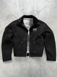 Men's Casual Suede Jacket, featuring a collar design with letter print, fleece lining suitable for riding, vintage workwear style, perfect for hanging out with friends at exhibitions or cafes, suitable for spring and autumn wear