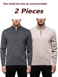 Men's 2-Pack Half-Zip Stand Collar Sweater, Soft Skin-Friendly Fabric, Anti-Pilling, Windproof, Warm Ribbed Hem, Casual Style