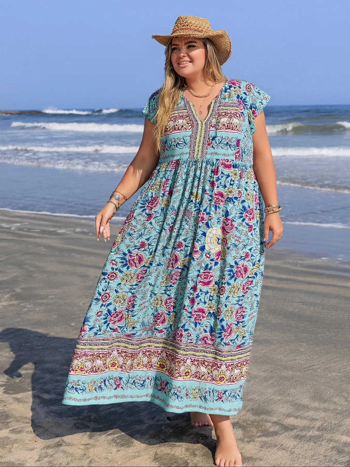 boho floral print maxi dress POL Bohemian Print Tassel Trim Maxi Dress IVORY/BLUE MULTI / M