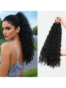 18-Inch Synthetic Water Wave Ponytail Wig for Women - Voluminous Elastic Band Design, Natural-Looking Kinky Curly Waves for Daily Use