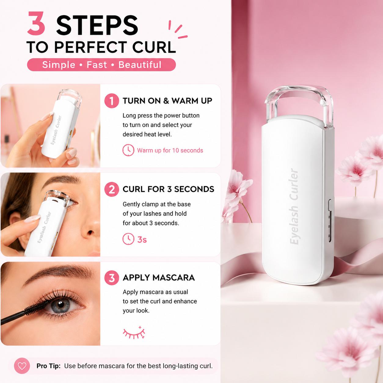 Thermal Eyelash Curler – USB Rechargeable with Thermo-sensitive Silicone Pad Fast Curling, Small Lifting Curler for Eyelashes – for Women, Girls, Home, Travel, Curly and Stylized