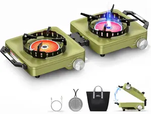 MoKo Propane Camping Stove 2 Burner, 36,000 BTU Infrared & Open Flame Hybrid, Windproof Folding Portable Outdoor Gas Cooking Kit with Frying Pan & Carry Bag For RV, Tailgating, Survival, Green