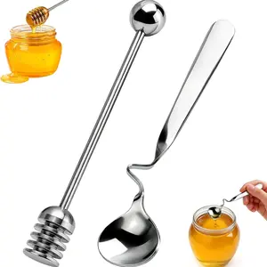 Stainless Steel Honey Dippers Set of 2, Hanging Design, Spiral Mixing Spoon for Honey, Jam, Yogurt, Syrup & Molasses