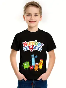 Boys' Summer T-Shirt - Cute Number Blocks Graphic Tee, Casual Short Sleeve Round Neck Top For Youngsters,Soft & Comfortable Fabric, Perfect For Playtime, Playful Youngsters's Clothing Colorful Youngsters Apparel (3Y-13Y)
