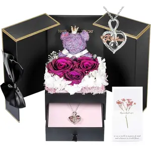 Gifts for Grandma, Preserved Real Roses with I Love You 100 Languags Grandma Necklace, Cute Bear and Meaningful Eternal Roses for Grandmother Nana Birthday